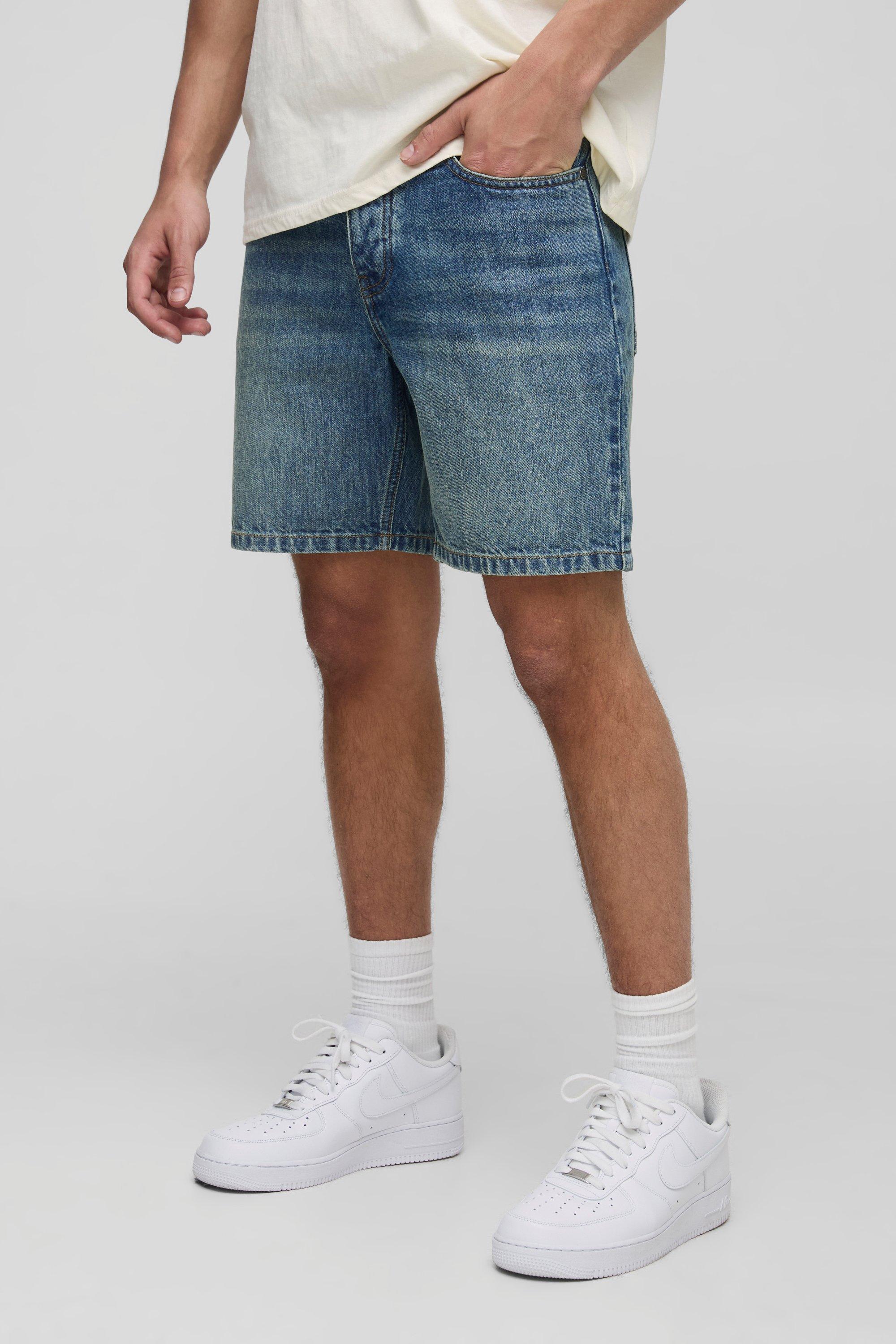 Ripped Dirty Wash Denim Jorts In Light Blue | boohooMAN USA Ripped Dirty Wash Denim Jorts In Light Blue | boohooMAN USA